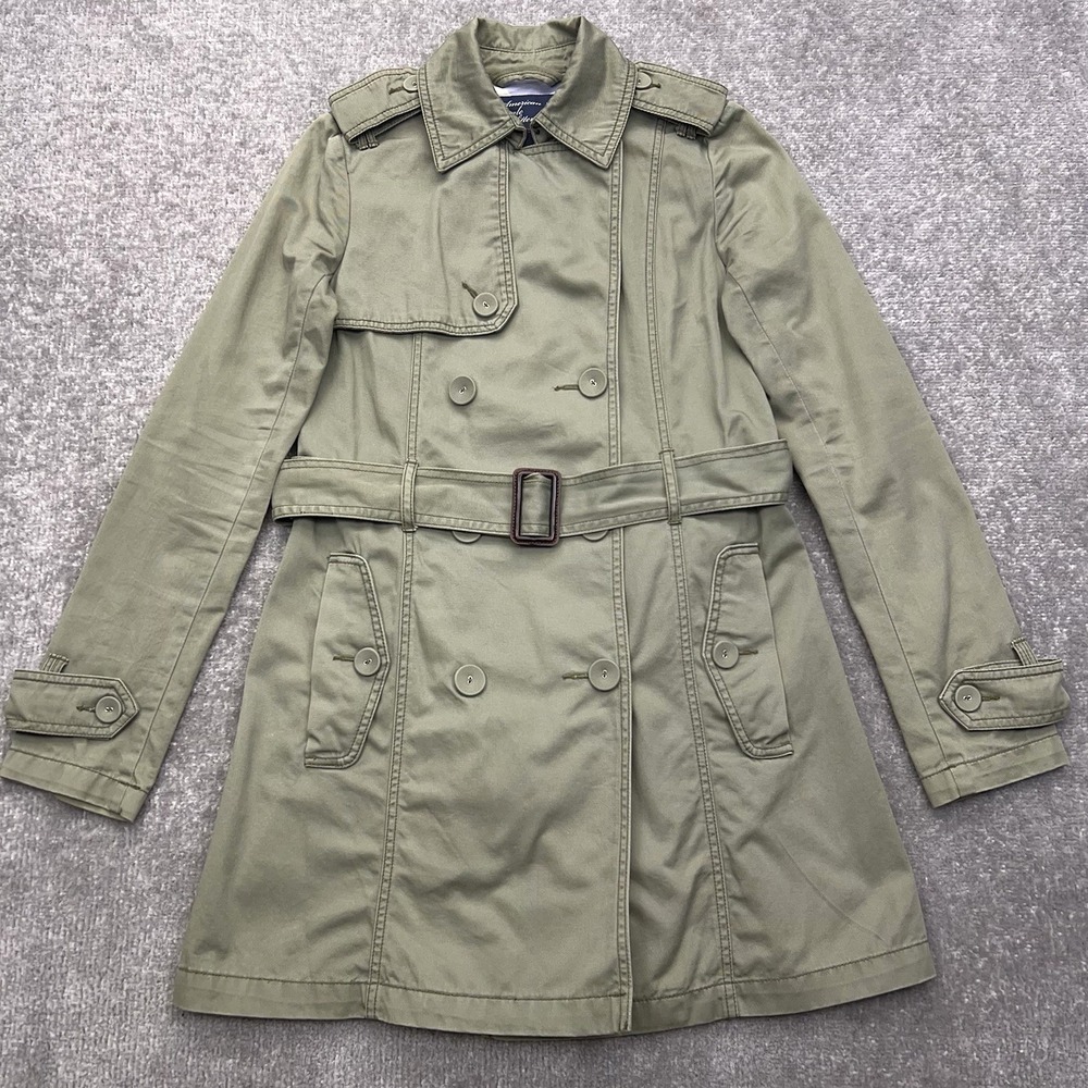 AMERICAN EAGLE Women's Small Trench Coat Double Breasted Green Military Chic Y2K
